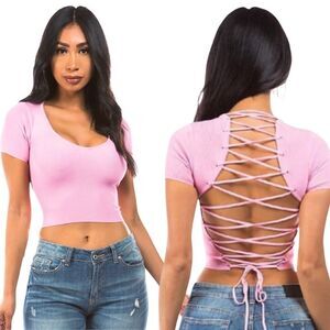 Pink Lace-Up Back Crop Top